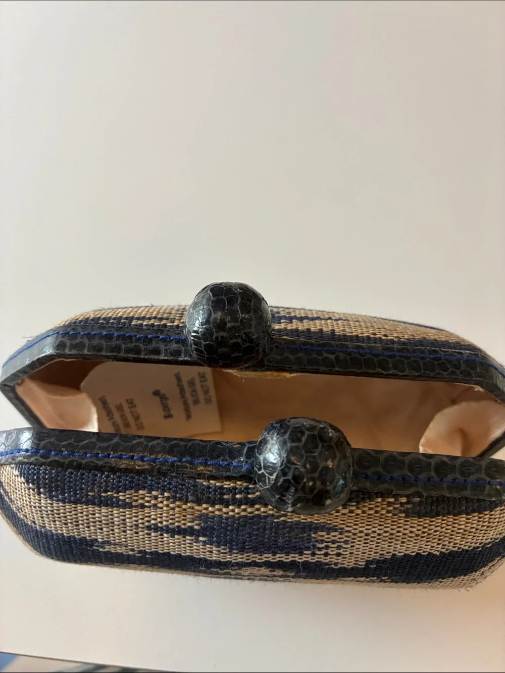 Jenny Polanco Woven Navy and Tan Evening Clutch